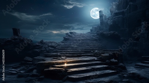 An ancient antique staircase rising upward, fantasy landscape, moon. Generation AI
