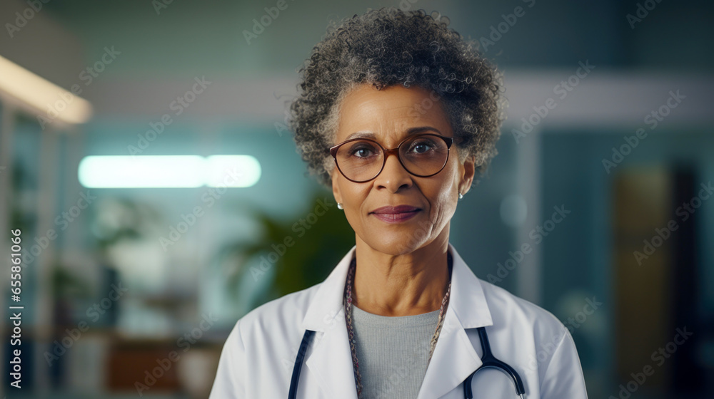Afro-American professional female doctor with stethoscope. - obrazy, fototapety, plakaty 