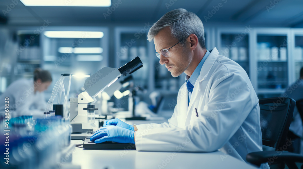 Scientists conducting research investigations in a medical laboratory, a researcher in the foreground is using a microscope Scientists conducting research investigations in a medical laboratory, a researcher in the foreground is using a microscope