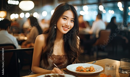 A woman enjoying a meal at a dining table