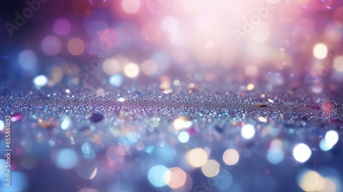 Abstract glittering lights in silver, purple, and blue colors. De-focused banner design photo