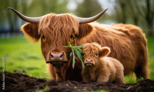 A mother cow and her calf peacefully grazing in a green field