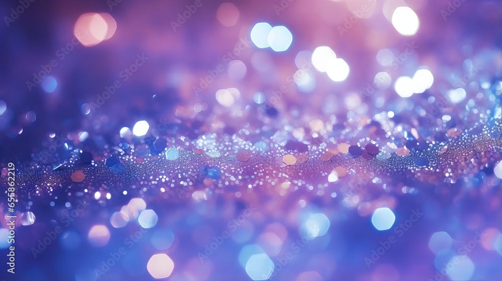 Abstract glittering lights in silver, purple, and blue colors. De-focused banner design