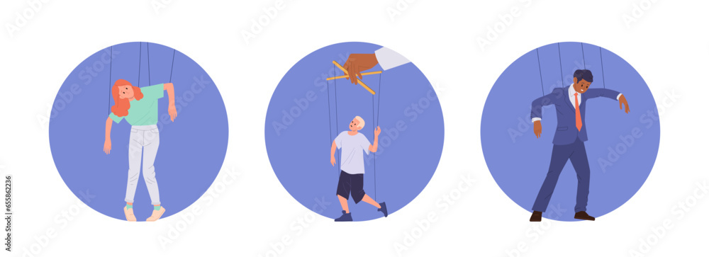 Fototapeta premium Isolated set of round composition with different people marionette controlled by manipulator