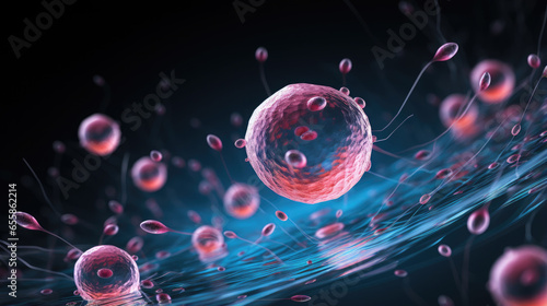 Generative AI, egg, oocyte fertilized by sperm, conception under a microscope, in vitro fertilization, 3D illustration, living cell, abstraction, background, creation of new life, science, embryo