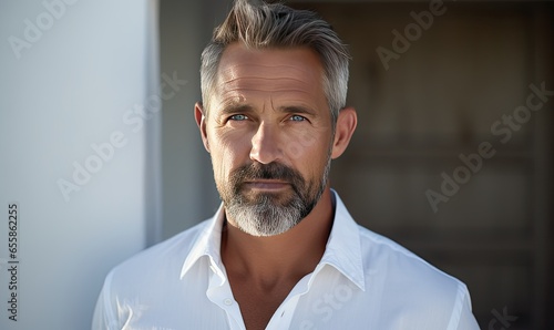 A mature man with gray hair and a white shirt photo