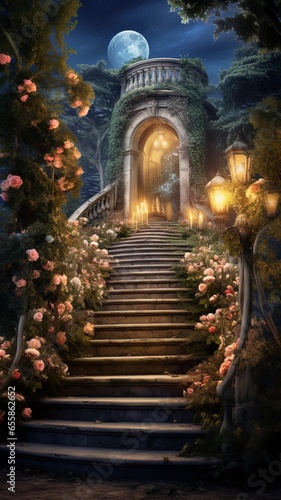 An ancient antique staircase rising up in a luxurious garden of roses, fantasy landscape, moon. Generation AI