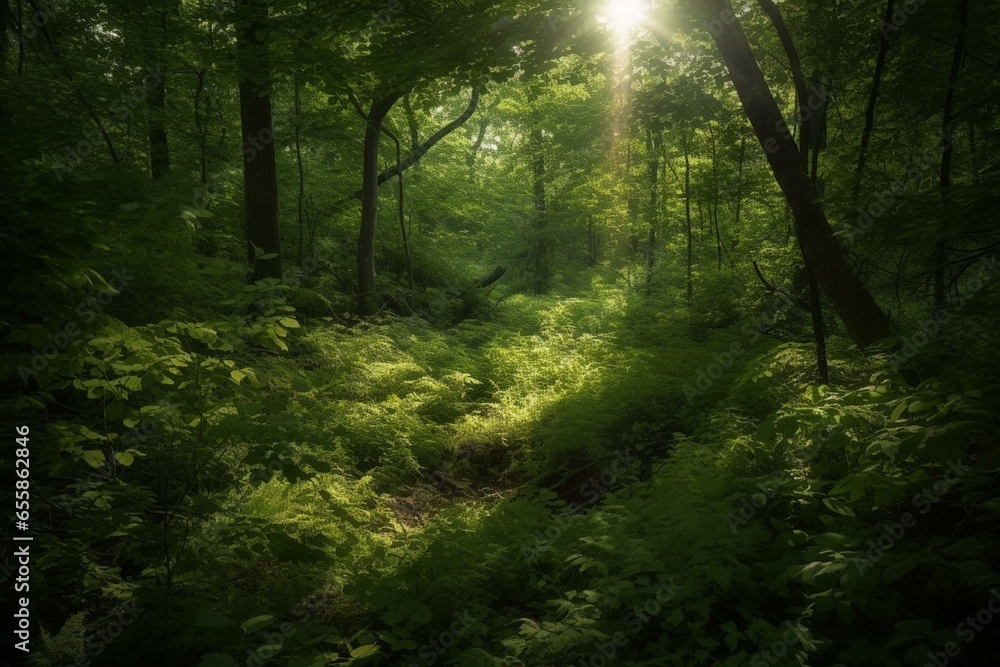 Sunlight filters through dense foliage, casting dappled shadows on a lush forest background. Generative AI