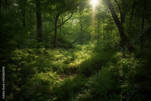 Sunlight filters through dense foliage  casting dappled shadows on a lush forest background. Generative AI