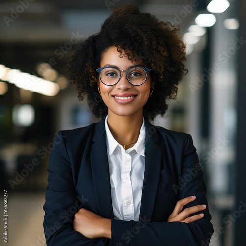 Beautiful african young business woman professional looking in camera in a suit in background modern office
