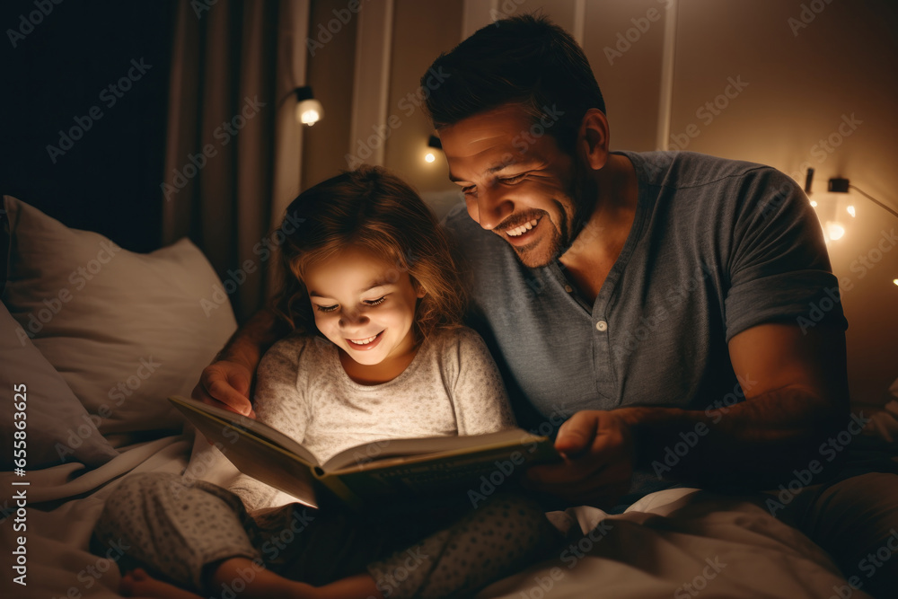 caucasian dad reading a book to his daughter before bedtime - obrazy, fototapety, plakaty 