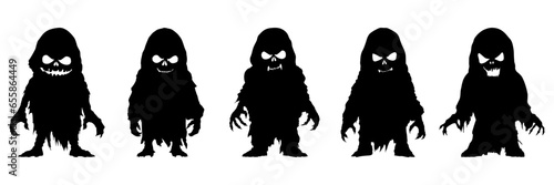 Silhouettes of scary zombie in a black cloak with a scary skull face and long claws on his hands. Risen from the dead. Halloween evil character. Vector isolated illustration