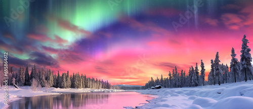Winter landscape panorama with snow at aurora © Tony A