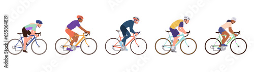 Cycle race tour and sports championship with bicyclists athletes riding speed bikes isolated set