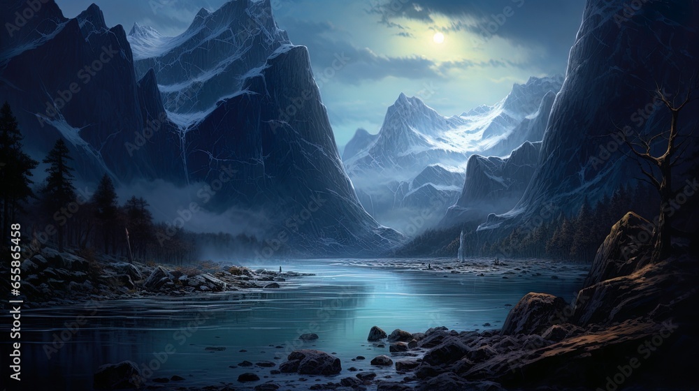 Mountain river in a gorge, fantasy night landscape, moonlight blue light. Generation AI