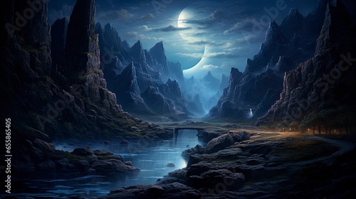 Fotografia Mountain river in a gorge, fantasy night landscape, moonlight blue light