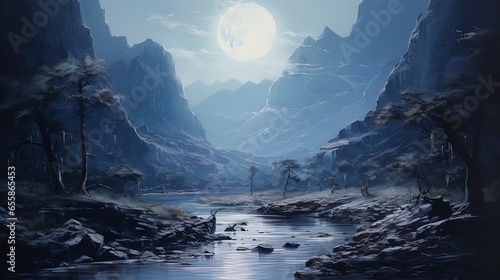 Mountain river in a gorge, fantasy night landscape, moonlight blue light. Generation AI © MiaStendal