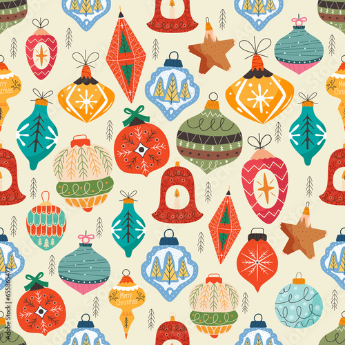 Christmas seamless pattern with christmas tree toys. Cute holiday wallpaper background with decorative elements. Stock illustration on light background