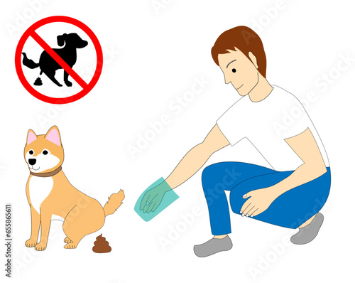 clean after pet sign and a male cleaning his dog’s poo.
