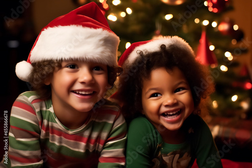 Christmas laughing happy two children in santa claus hats sitting against the background of a Christmas tree, closeup