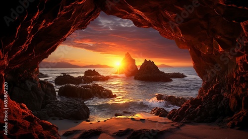 Mountain cave overlooking a beautiful neon sunset. Generation AI © MiaStendal