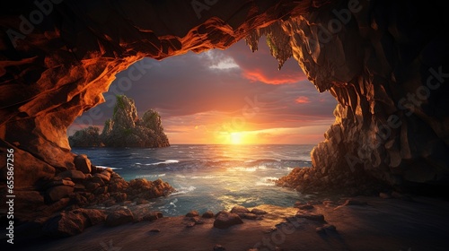 Mountain cave overlooking a beautiful neon sunset. Generation AI © MiaStendal