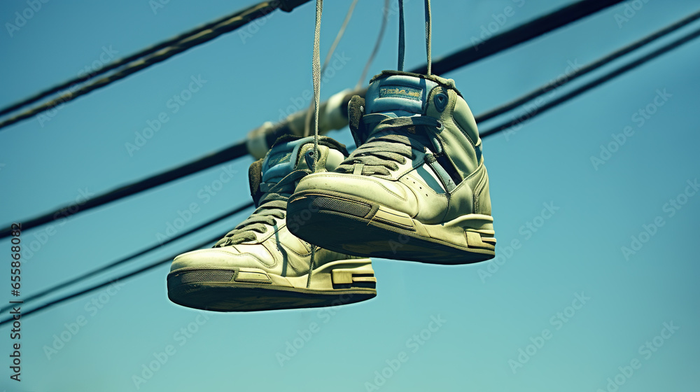 Urban Expression, Sneakers Hanging on a Telephone Wire Against the Blue Sky, Generative AI - obrazy, fototapety, plakaty 