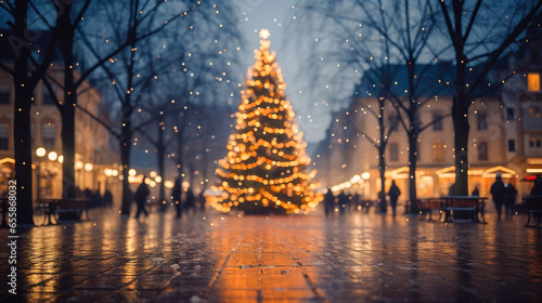 City Center Christmas Magic, A Blurry Tree Aglow with Lit Lights Background, Generative AI