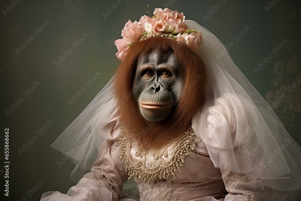 A dressed orangutan in a wedding gown. Generative AI