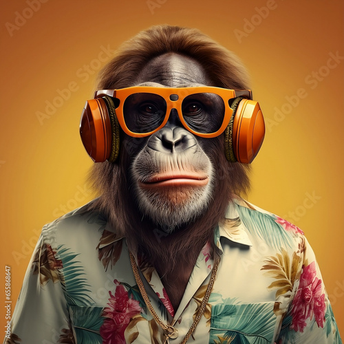 An ape in summer clothes wearing a cool sunglass and orange headphones.