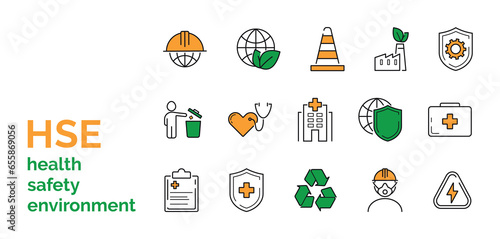 HSE color icon set in green, orange. Worker protection, Health Safety Environment. Vector.