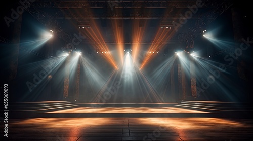 Spectacular empty stage for a show, neon light, safits, spotlights. Generation AI