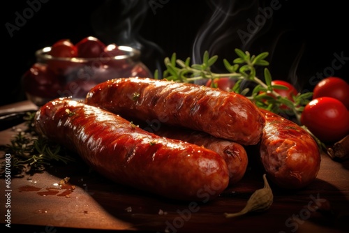 A close-up of Carniolan sausages, a Slovenian specialty, showcasing their texture and flavor. Generative Ai