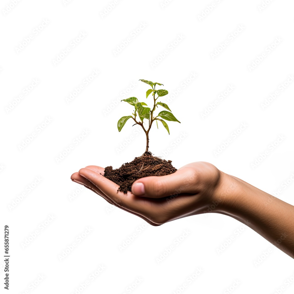 Holding Soil and Small Plants in Hands– Eco-Friendly and Sustainable Lifestyle Concept on White Background Holding Soil and Small Plants in Hands– Eco-Friendly and Sustainable Lifestyle Concept on White Background