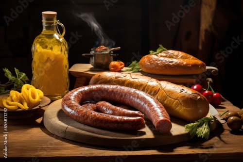 Kranjska klobasa, a traditional Slovenian sausage, served with mustard and fresh bread. Generative AI photo