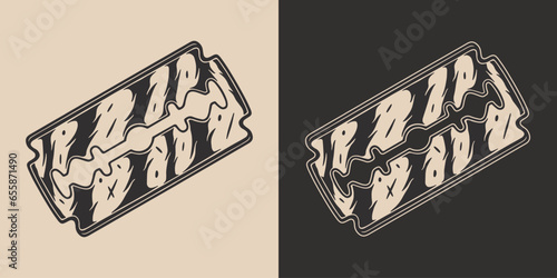 Vintage Retro woodcut linocut engraving barber shop element. Dangerous razor blade. Can be used for logo, emblem, badge, mark, poster design. Monochrome Graphic Art. Vector.