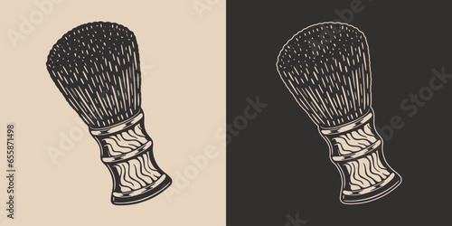 Vintage Retro woodcut linocut engraving barber shop element. Classic professional shaving brush. Can be used for logo, emblem, badge, mark, poster design. Monochrome Graphic Art. Vector.