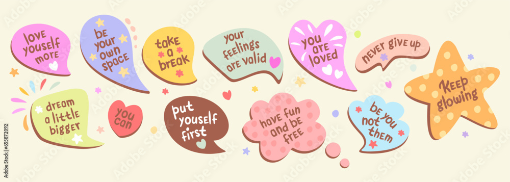 Vector collection of speech bubbles with affirmation. Self love and compliment phrases. - obrazy, fototapety, plakaty 