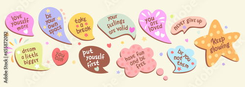 Vector collection of speech bubbles with affirmation. Self love and compliment phrases.