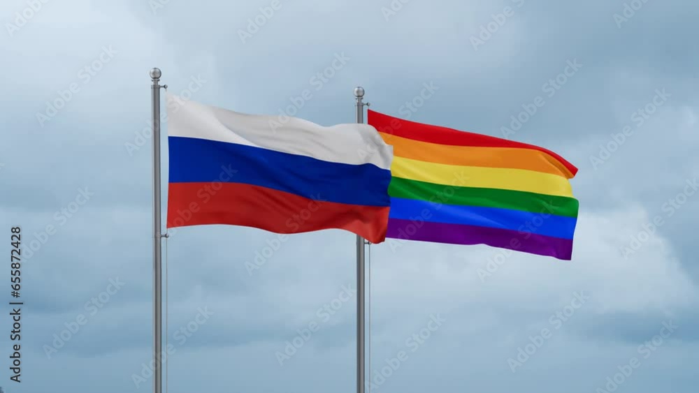 LGBT movement flag also Gay Pride and Russia flag waving in the wind cycle looped video, tolerance conception in country LGBT movement flag also Gay Pride and Russia flag waving in the wind cycle looped video, tolerance conception in country