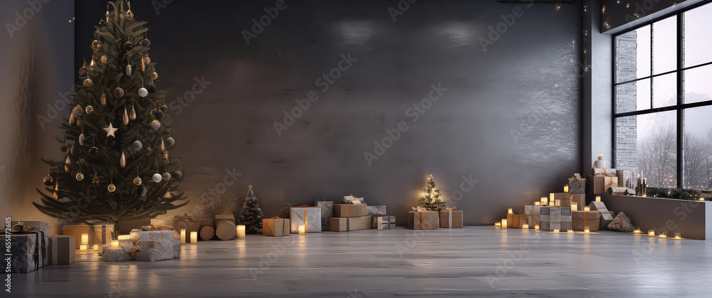 Loft apartment, room decorated Christmas tree, gift boxes, light, candles on concrete textured place. Modern interior mock up for holidays. Gorgeous New Year background. Generative ai.
