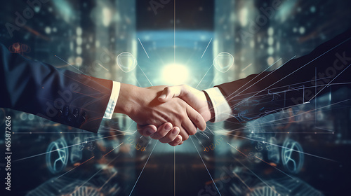 A successful business merger or partnership ceremony with two CEOs shaking hands, exchanging contracts, and celebrating the collaboration with a backdrop of corporate logos
