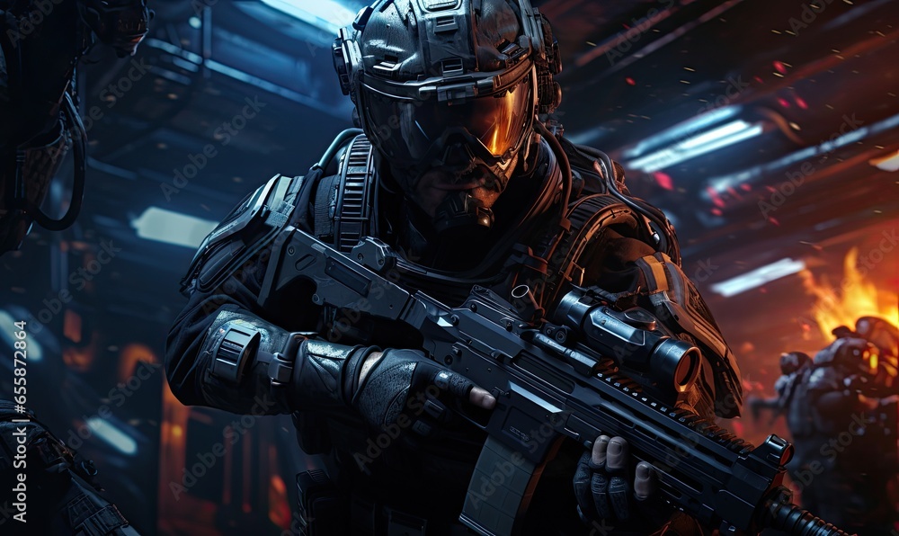 Photo of a futuristic man with a powerful weapon in hand Photo of a futuristic man with a powerful weapon in hand