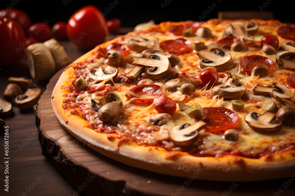 Close-Up einer leckeren italienischen Steinofenpizza, Pizza erstellt mit generativer KI