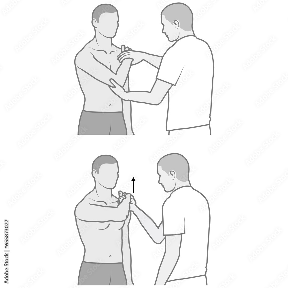 Shoulder examination. Bear Hug Test Is Part Of Series Shoulder Examination Illustrations