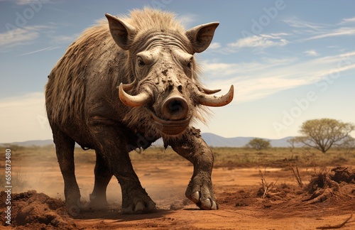 A fierce warthog in the desert. Great for stories about safaris  the wilderness  adventure  travel  photography  wildlife and more. 