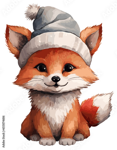 Christmas watercolor cartoon fox in a siler Santa hat.