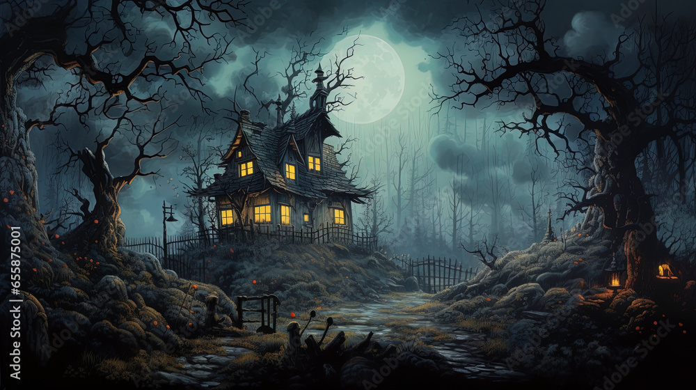 Night dark fantasy landscape, old house with horror stories. Generation AI - obrazy, fototapety, plakaty 