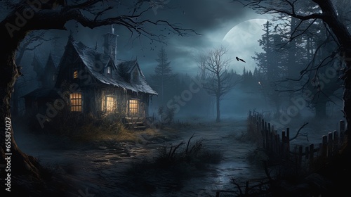 Night dark fantasy landscape, old house with horror stories. Generation AI © MiaStendal