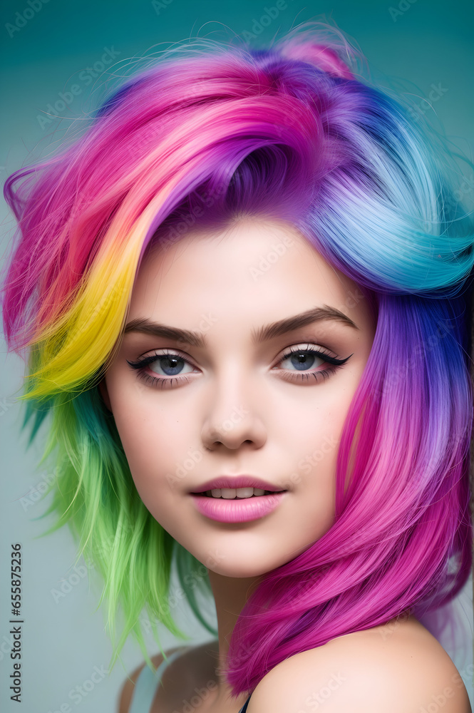 A young female model with rainbow-colored hair and positive composure